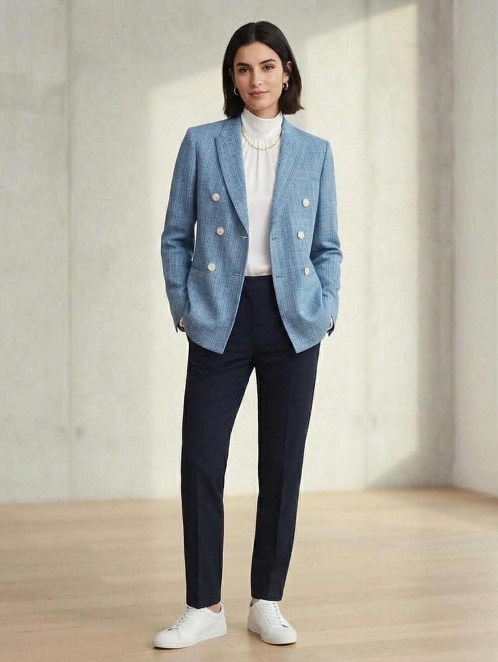 Sandro Light Blue Plaid Double-Breasted Sport Coat
